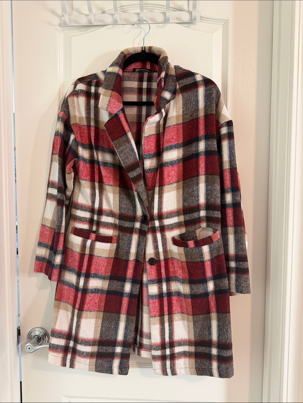 Plaid Single-Breasted Pea Coat in Red & Cream
